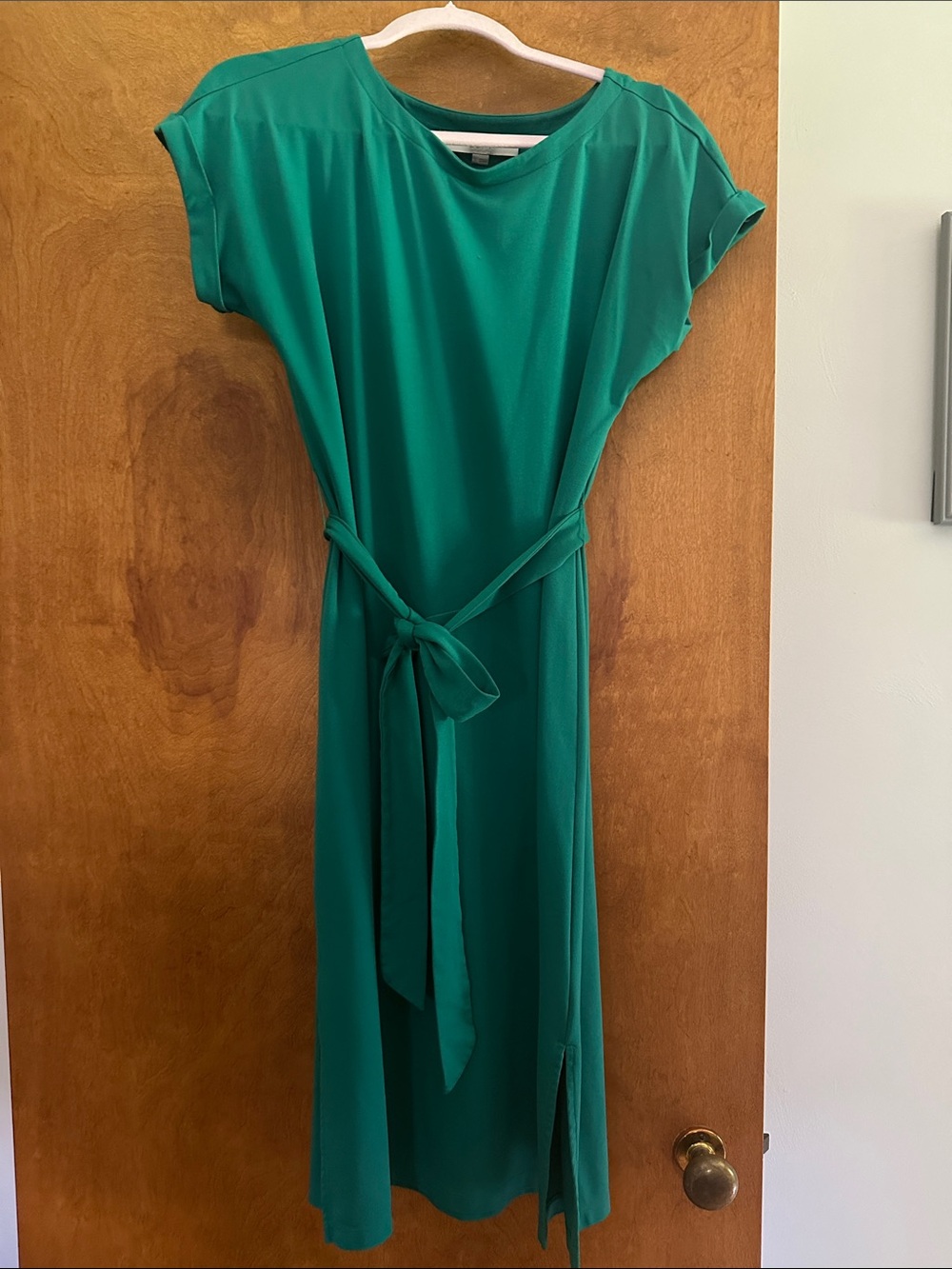 LOFT Emerald Green Belted Cap-Sleeve Midi Dress
